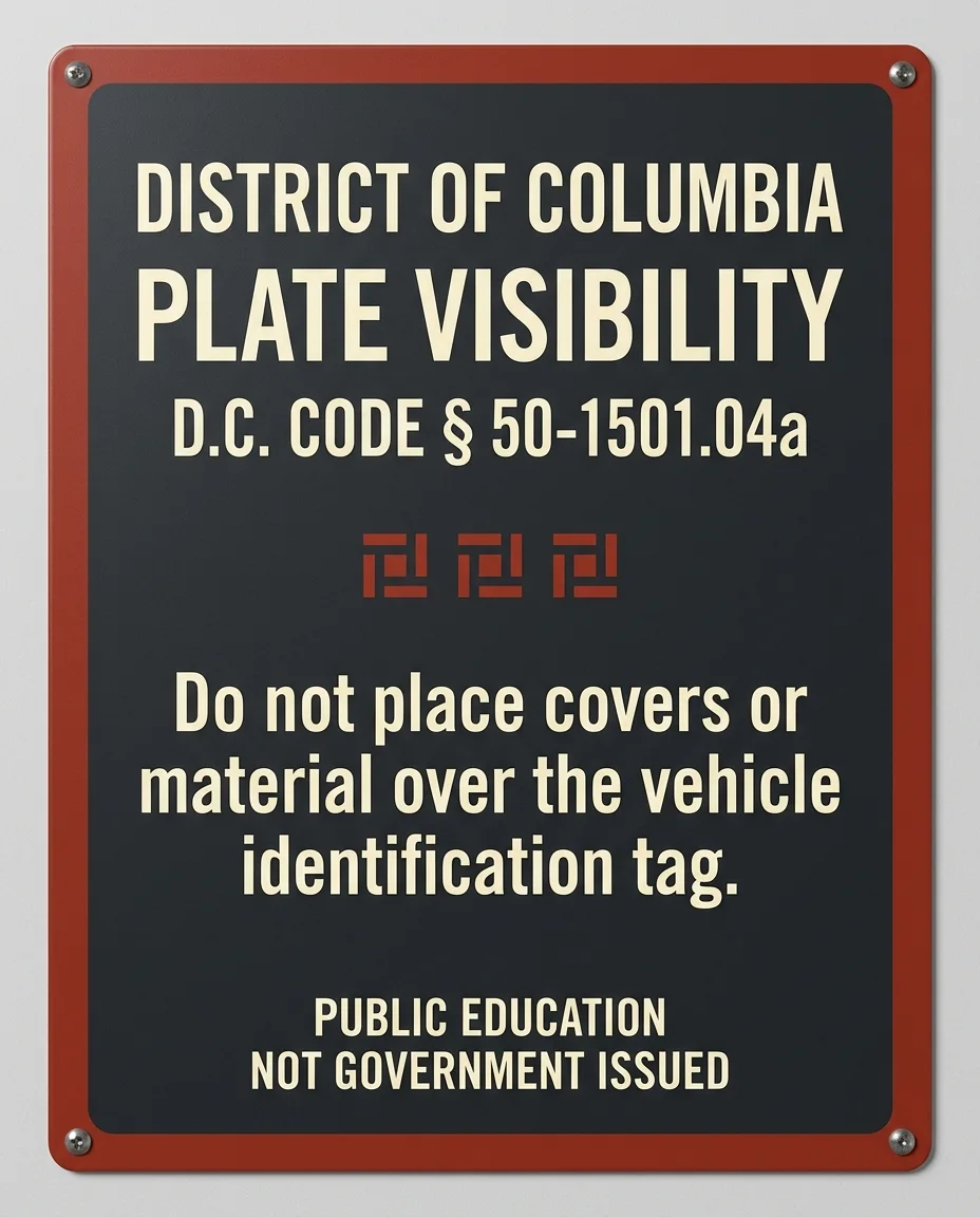 Independent District of Columbia public-education placard about vehicle identification tag visibility, marked not government issued.