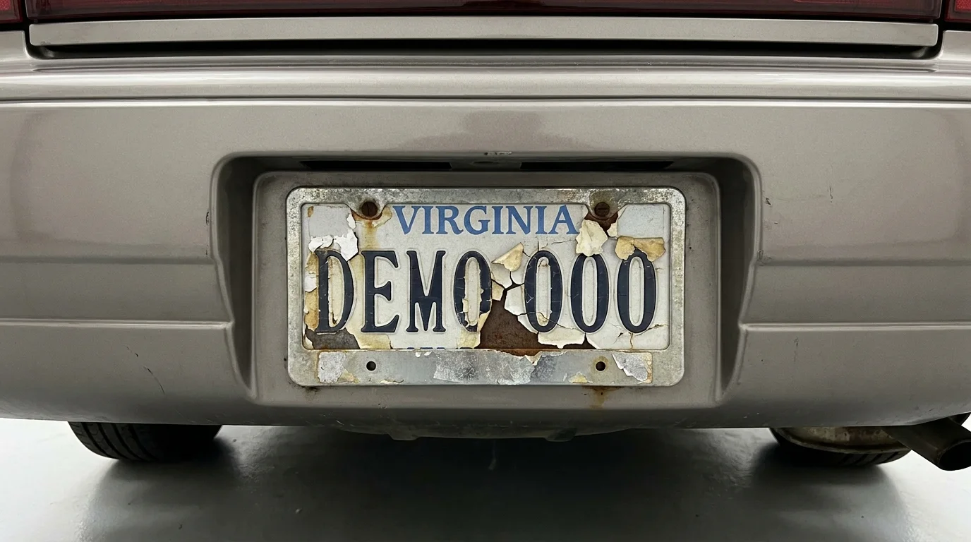 Synthetic close-up of a fictional Virginia DEMO 000 plate with severe peeling across characters.
