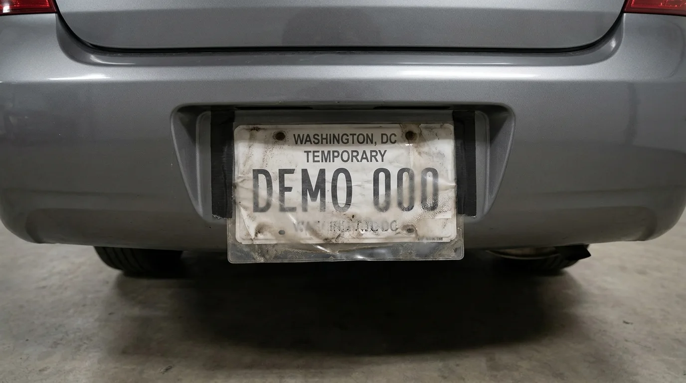 Synthetic close-up of a fictional Washington, DC temporary DEMO 000 tag obscured by a wrinkled sleeve and grime.