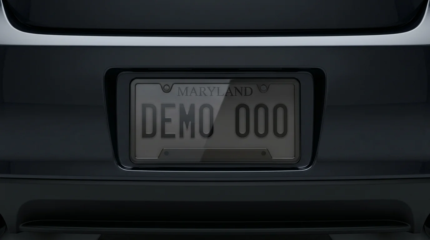 Synthetic close-up of a fictional Maryland DEMO 000 plate dimmed by a smoked transparent cover.