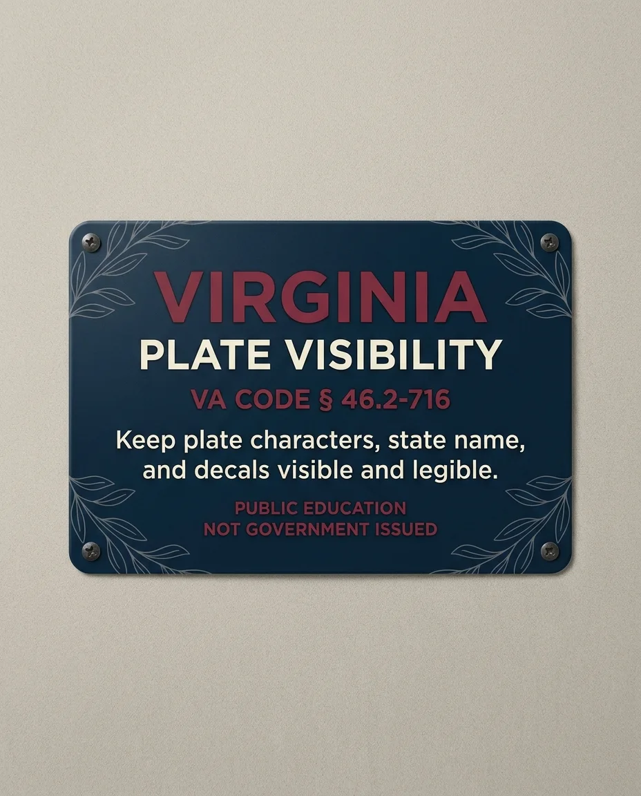 Independent Virginia public-education placard about plate visibility, marked not government issued.